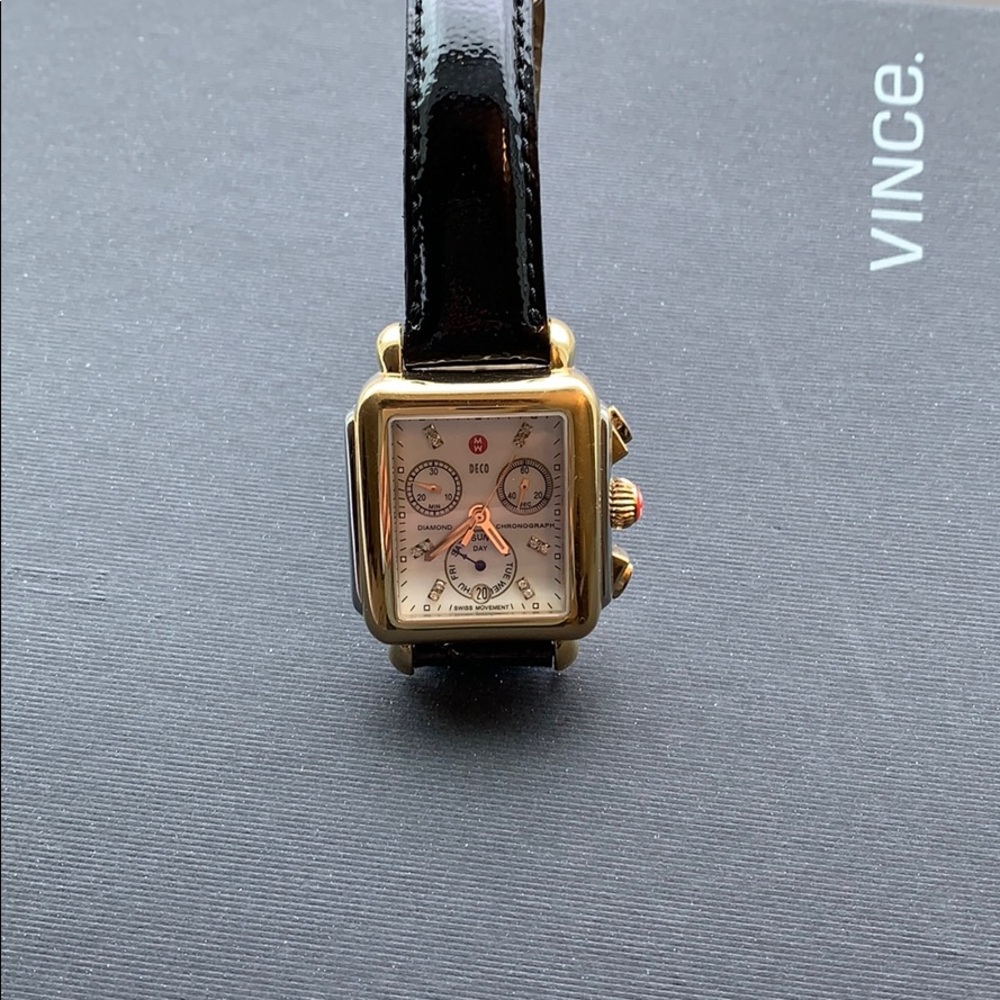 18 mm gold toned diamond dial michele deco watch